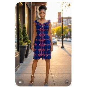 Ankara African Wax Print Front Zipper Dress Lined Pink Gold Pull Size 8 EUC